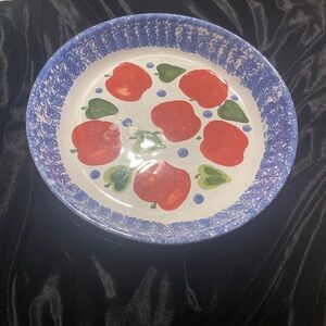 Hand-Painted Ceramic Plate with Apples and Blue Sponged Border. 10”  by PAPP